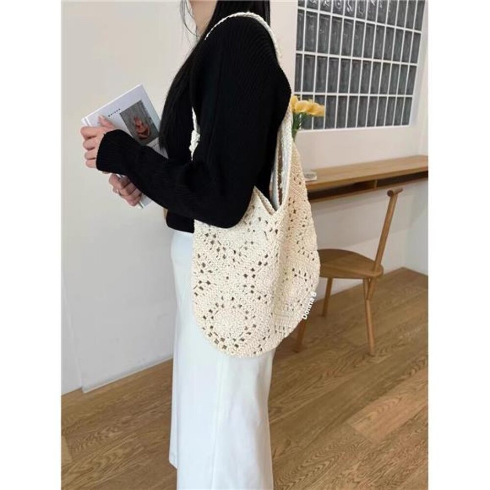 Crochet Beach Bag, Summer Beach Bags for Women Beige - Picture 6 of 7